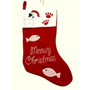 Red & White "Meowy Christmas" Cat Stocking With Fish & Paw Print Design